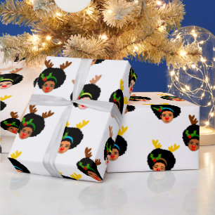 Papel De Presente Afro Girls Papais noeis Reindeer Nose Vermelha de