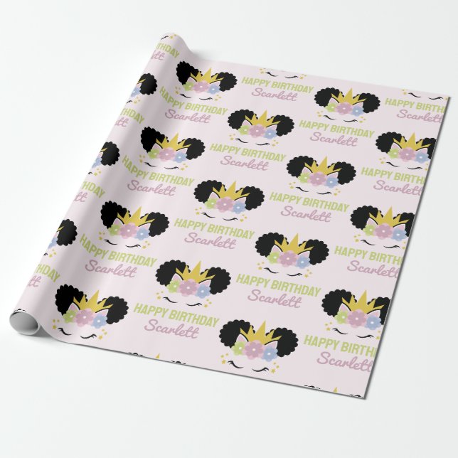 Papel De Presente Afro Puff Unicorn Festa de aniversário afro-americ (Desenrolado)