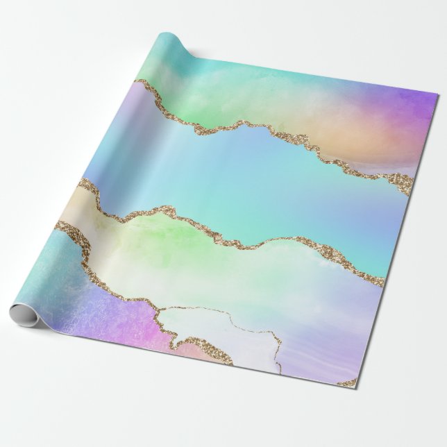 Papel De Presente Ágata Arco-Íris Pastel Brilho Falso (Desenrolado)