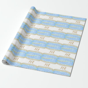 Papel De Presente ágata azul texto nome monograma brilho dourado