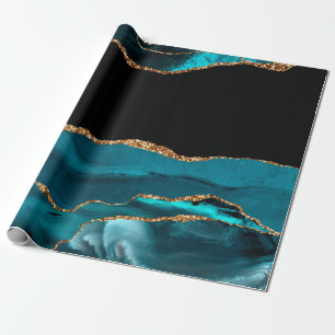 Papel De Presente Ágata Bola Azul Glamourosa Brilhos Dourados Pretos