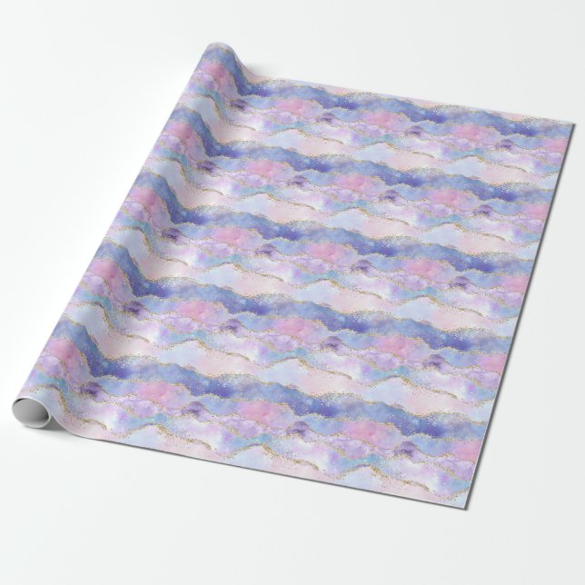 Papel De Presente Ágata Brilho Tendência Azul Rosa Roxo  (Desenrolado)