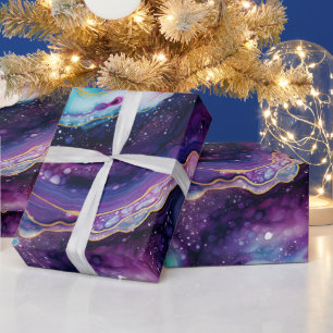Papel De Presente Ágata Celestial Abstrata Redemoinhos Roxo Azul Dou
