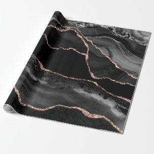 Papel De Presente Ágata de Aquarela Preta Brilho de Falso Ouro Rosa