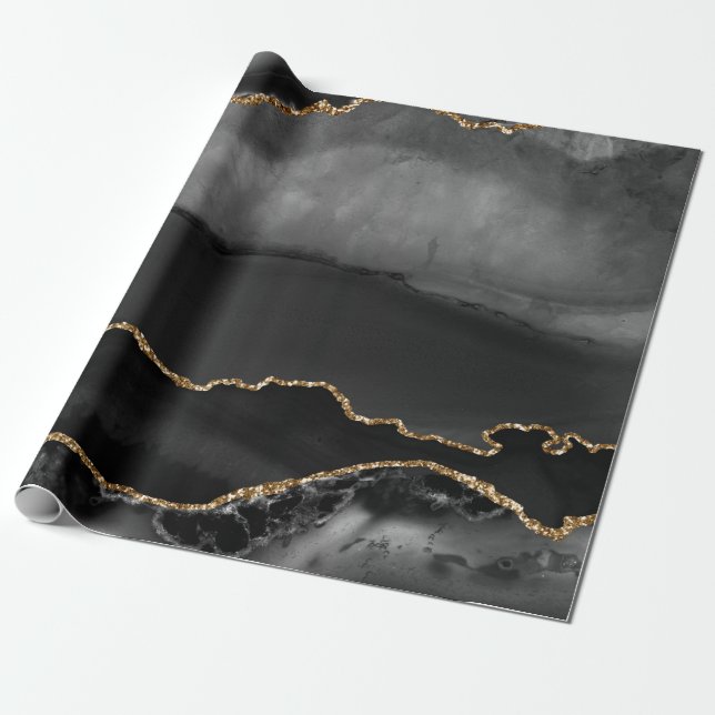 Papel De Presente Ágata Falsa Marbleada Brilho Dourado Pedra Preta (Desenrolado)