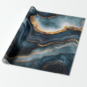 Papel De Presente Agate Geode Dourado e Marinho Blue Marble