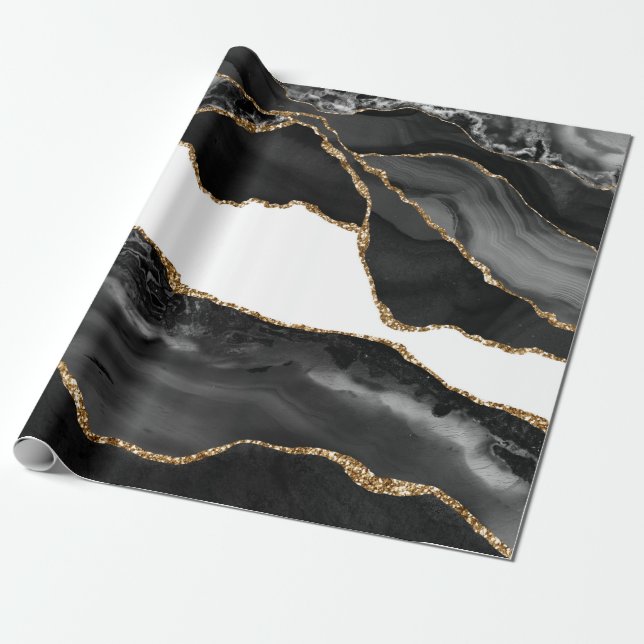 Papel De Presente Agate Marbado Faux Na moda, pedra de luxo Dourado (Desenrolado)