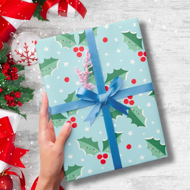 Papel De Presente Agradáveis Bagas de Azevinho Natal luz azul (Criador carregado)