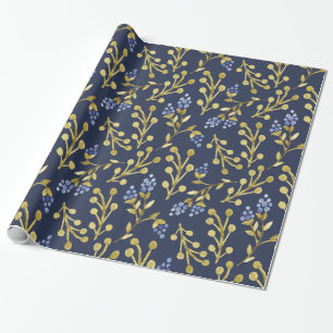 Papel De Presente Água-forte Azul-Navy Floral de Frutas