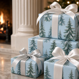 Papel De Presente Água-forte Natalina Árvore de Pinheiro Azul Claro