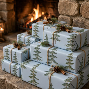 Papel De Presente Água-moderna Pinheiro de Inverno Azul Claro