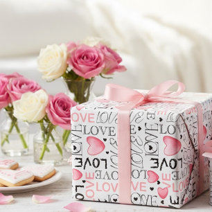 Papel De Presente Água-tinta Amor Script e Corações Cor-de-Rosa do D