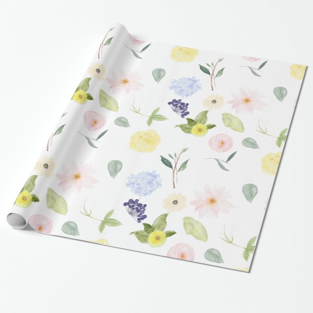Papel De Presente Aguarela amarela cor-de-rosa floral (Desenrolado)