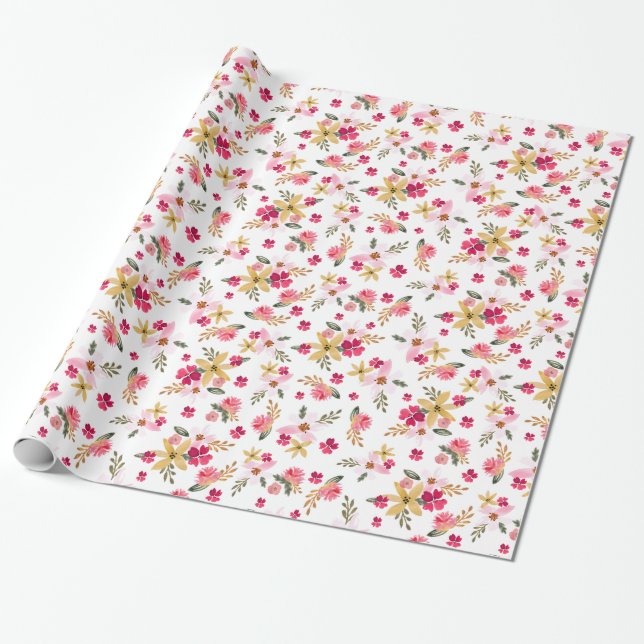 Papel De Presente Aguarela cor-de-rosa floral (Desenrolado)