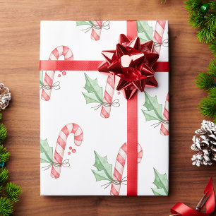 Papel De Presente Aguarela de Natal Bengalas Vermelhas e Folhagens