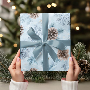 Papel De Presente Aguarela Pinheiro de Inverno Azul Gélido