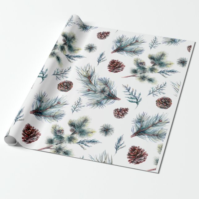 Papel De Presente Aguarela Raminhos de Pinheiro Natal (Desenrolado)