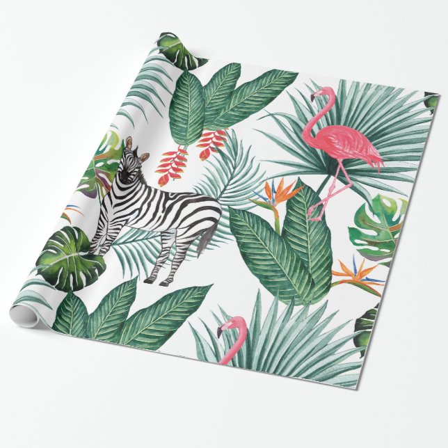 Papel De Presente Aguarela tropical da folha da zebra moderna do (Desenrolado)