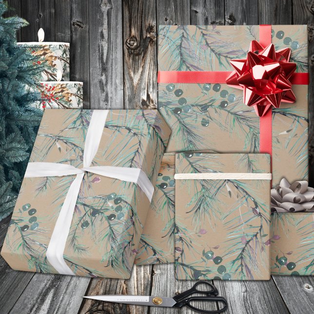 Papel De Presente Agulhas e Berries Rustic Blue Spruce Tree (Rustic Kraft Blue Spruce Tree Needles & Berries Wrapping in 6 and 15 foot long 30 Inch Width Rolls
)