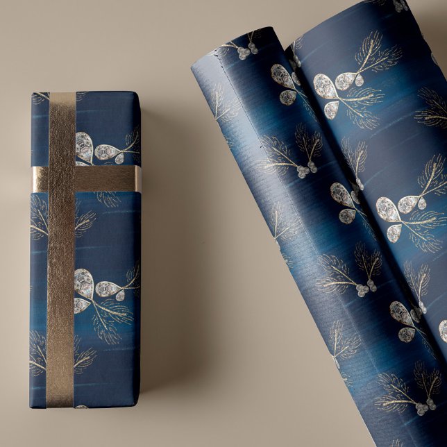 Papel De Presente Agulhas e joias de pinheiro azul de Marinho Elegan (Elegant Navy Blue Watercolor Pine Needles & Jewels Wrapping Paper)