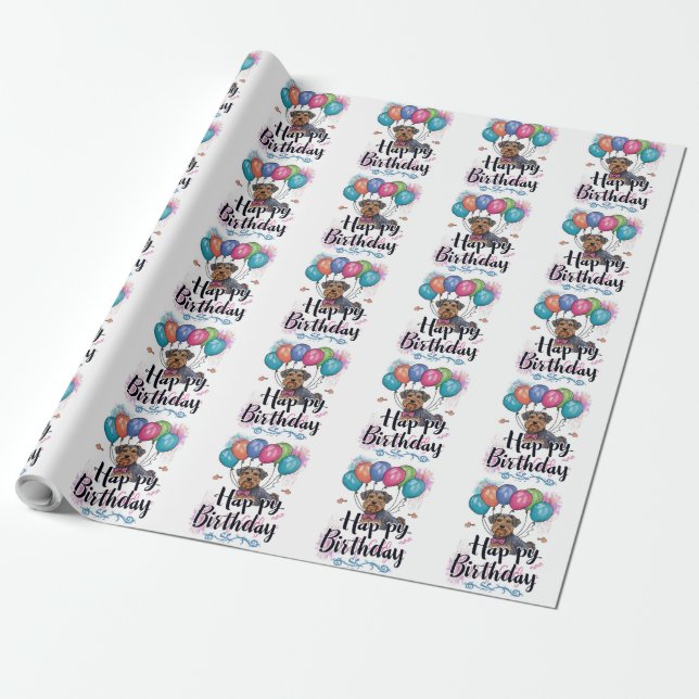 Papel De Presente Airedale com Balões de Aniversário (Desenrolado)