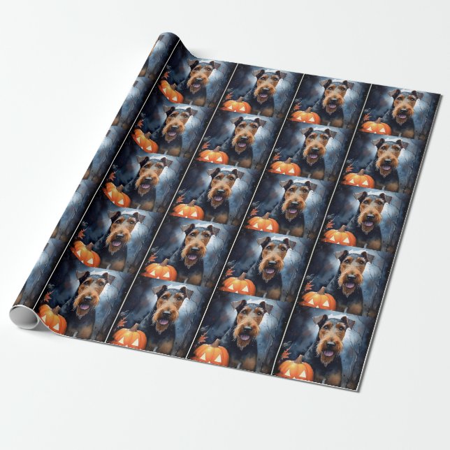 Papel De Presente Airedale de Halloween com Abóboras Assustador (Desenrolado)