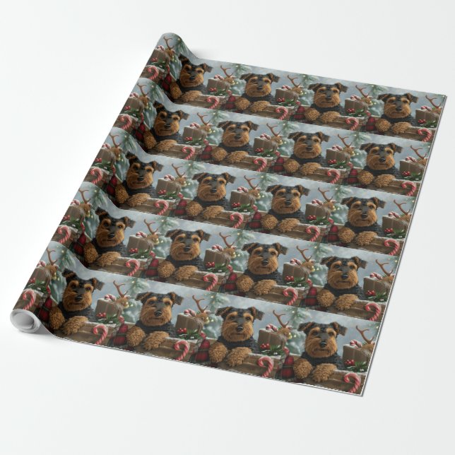 Papel De Presente Airedale Dog Natal Festivo (Desenrolado)
