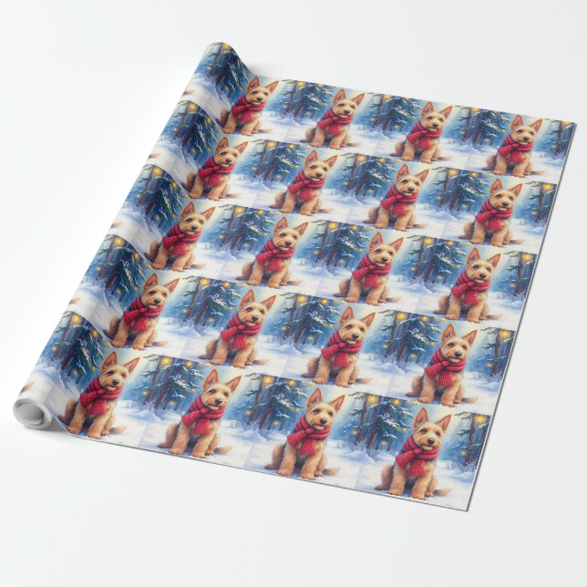Papel De Presente Airedale Terrier Aguarela Natal Nevado (Desenrolado)