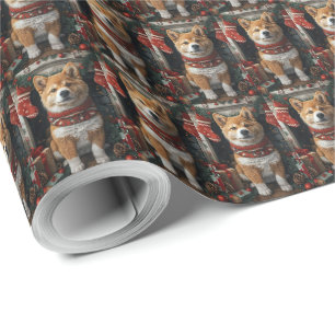 Papel De Presente Akita Americano com Presentes de Natal Lareira