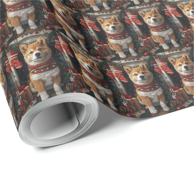 Papel De Presente Akita Americano com Presentes de Natal Lareira (Ponta do rolo)