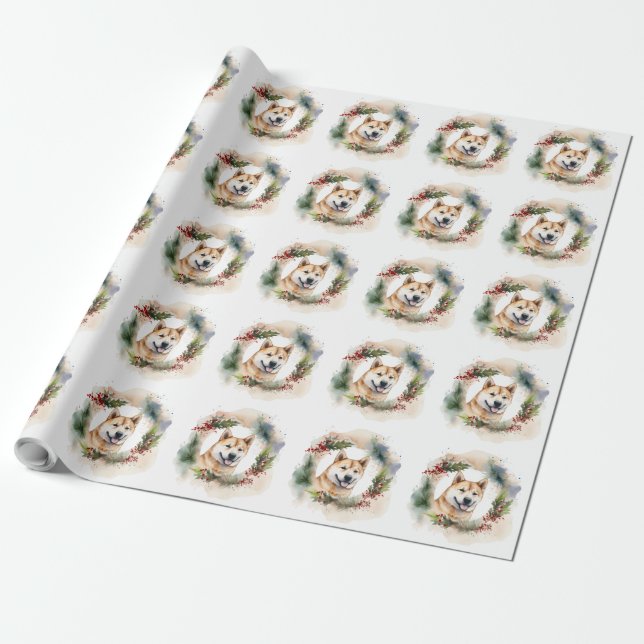 Papel De Presente Akita Christmas Wreath Festivo Pup (Desenrolado)