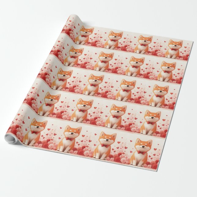 Papel De Presente Akita com Rosas - Dia dos Namorados  (Desenrolado)