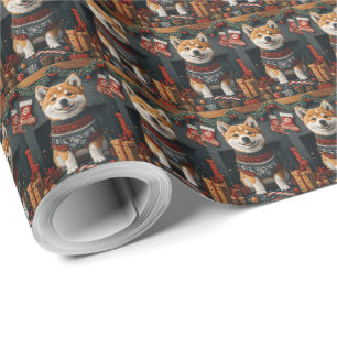 Papel De Presente Akita Dog com Lareira de presentes de Natal