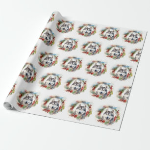 Papel De Presente Alaskan Malamute, Festivo Wreath Christmas Pup