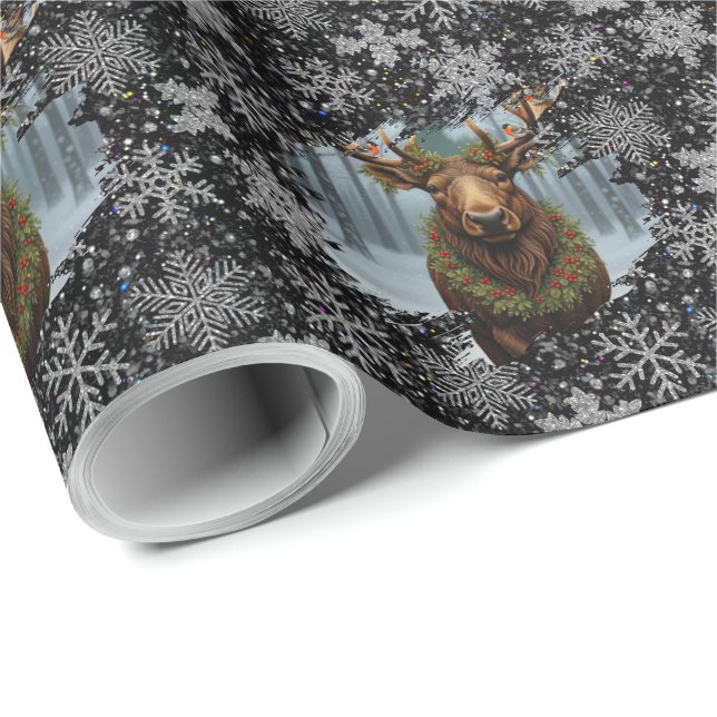 Papel De Presente Alce de Natal rústico floresta de madeira de inver (Ponta do rolo)