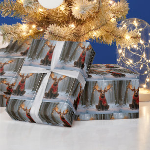 Papel De Presente Alce de Natal Vestindo Cachecol e Luzes