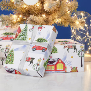 Papel De Presente Aldeia de Natais vintages bonitos com árvore de Na