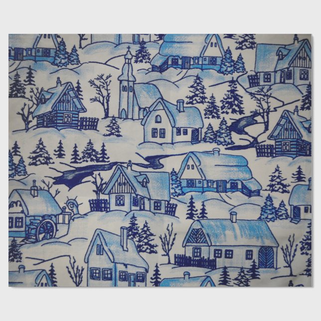 Papel De Presente Aldeia de Natal Azul Vintage (Aberto)