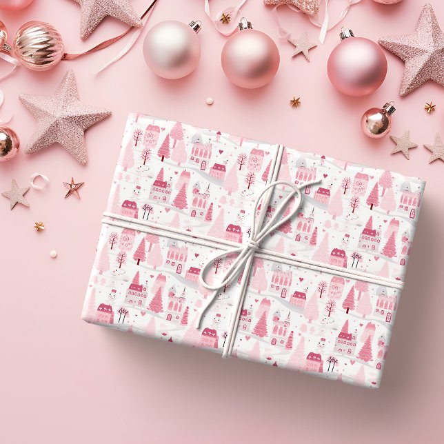 Papel De Presente Aldeia de Natal Rosa e Bonita Dia de Neve (Criador carregado)