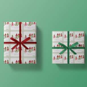 Papel De Presente Aldeia verde e vermelha bonita na neve no Natal