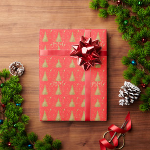 Papel De Presente Alegre em Dourado no Natal Vermelho