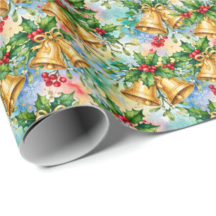 Papel De Presente Alegre Natal Colorido Dourado Sininhos Azevinho
