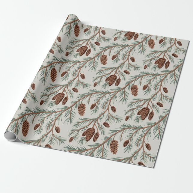 Papel De Presente Alegre Natal Cones de Pinheiro e Ramos     (Desenrolado)