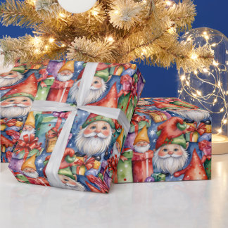 Papel De Presente Alegres Gnomos de Natal e Presentes em Aquarela