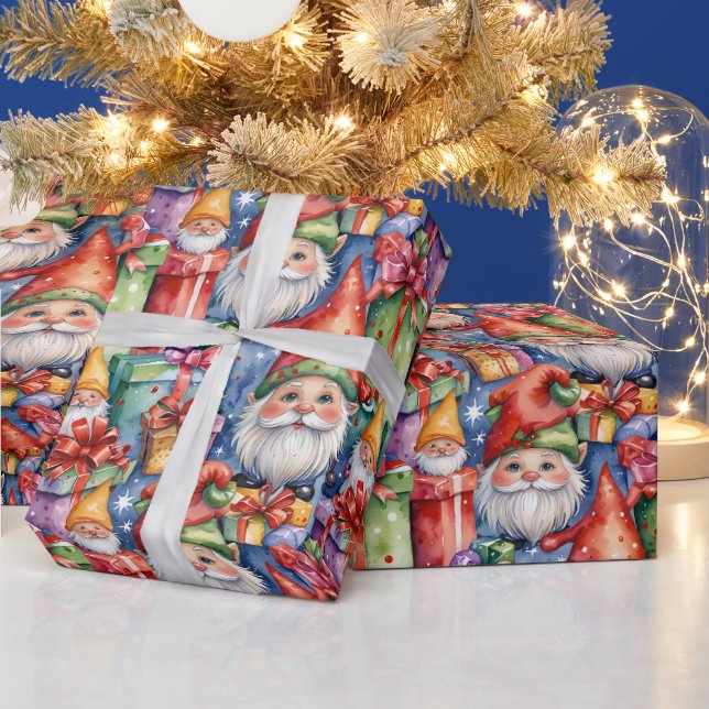 Papel De Presente Alegres Gnomos de Natal e Presentes em Aquarela (Feriados)