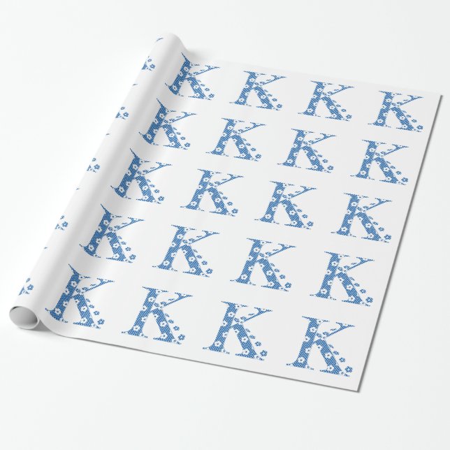 Papel De Presente alfabeto floral K (azul e pontos) (Desenrolado)