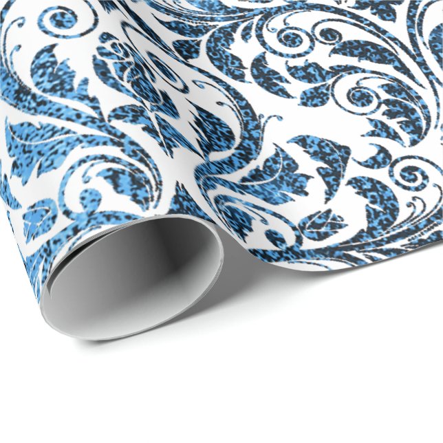 Papel De Presente Algodão Cinza Real Branco Marinho Azul Damask (Ponta do rolo)