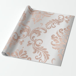 Papel De Presente Algodão da Cinza Metálica Dourada Damask Rosa