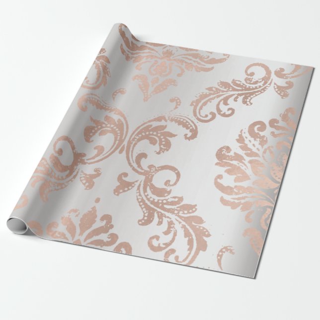 Papel De Presente Algodão da Cinza Metálica Dourada Damask Rosa (Desenrolado)