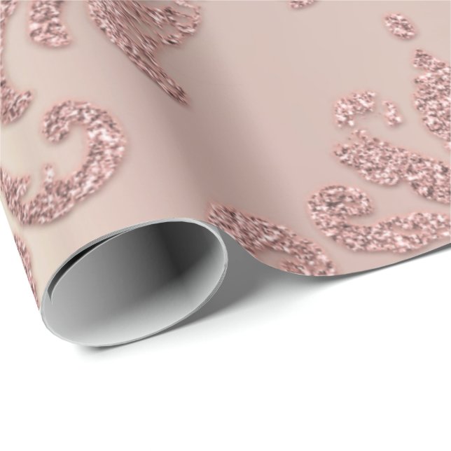 Papel De Presente Algodão Metálico Real Dourado Damask Rosa (Ponta do rolo)